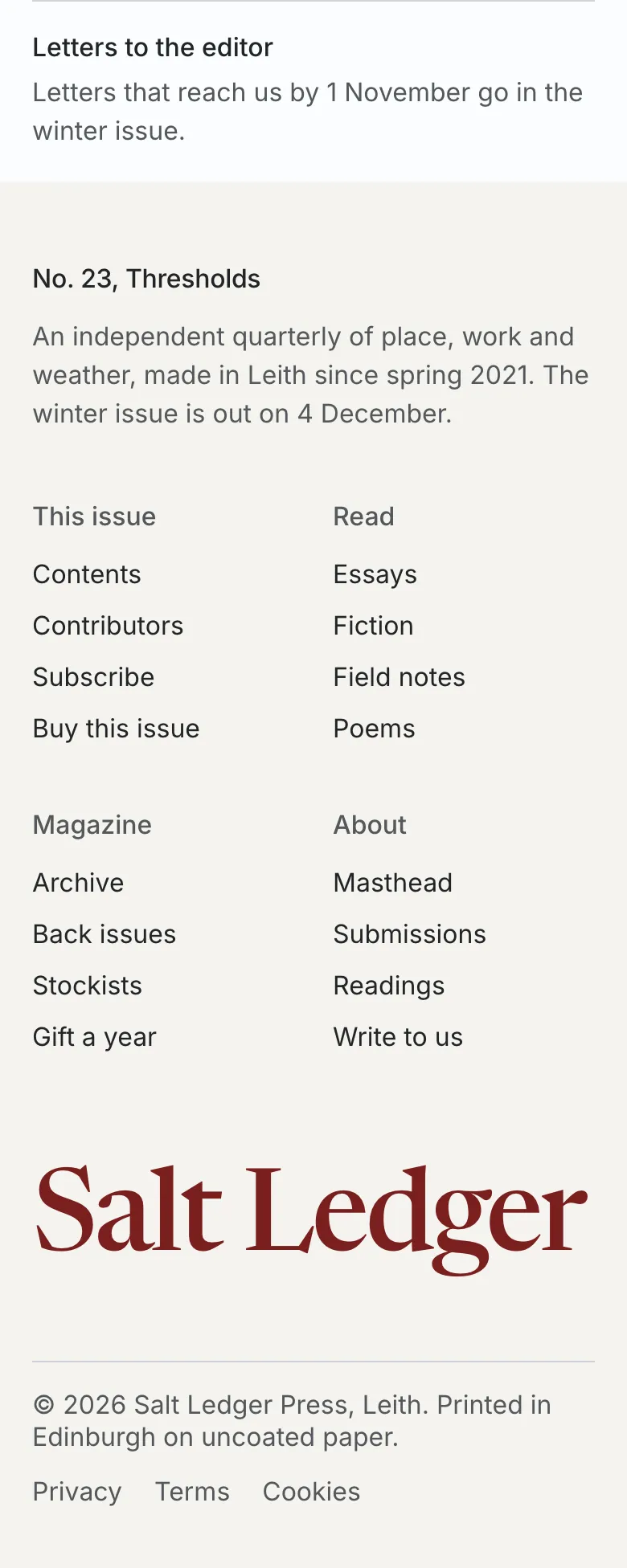 Salt Ledger · Magazine footer · mobile