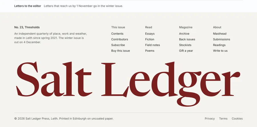 Salt Ledger · Magazine footer