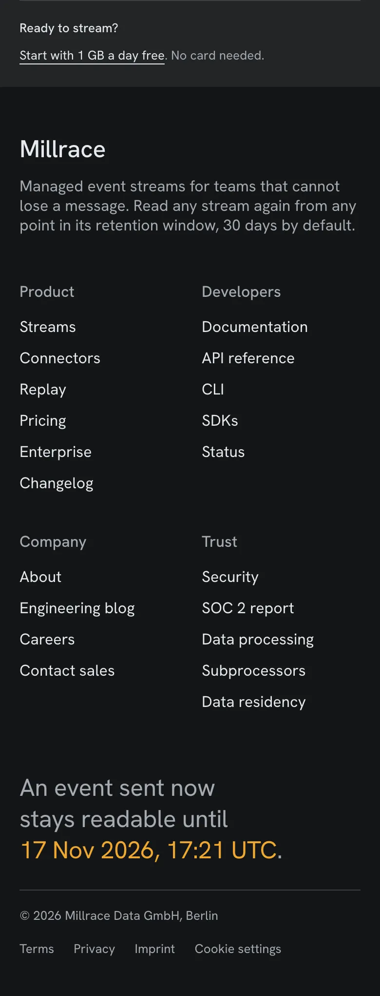 Millrace · Data platform footer · mobile