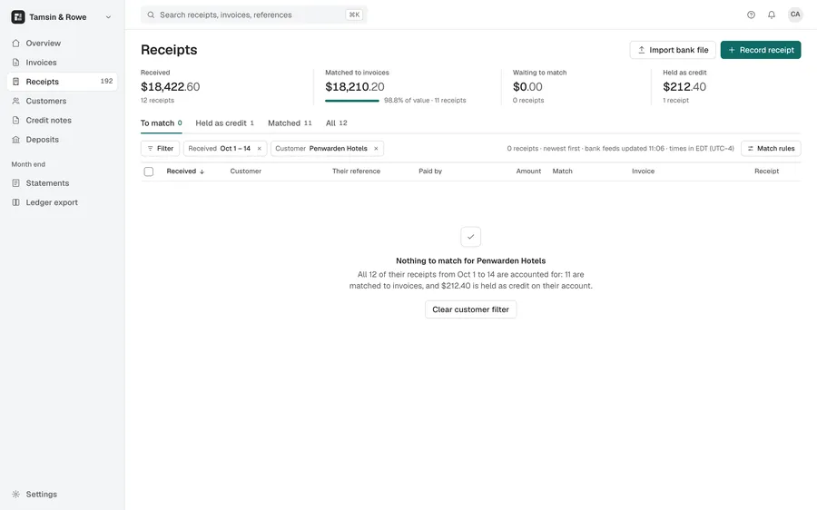 Quoin · Payments table · empty