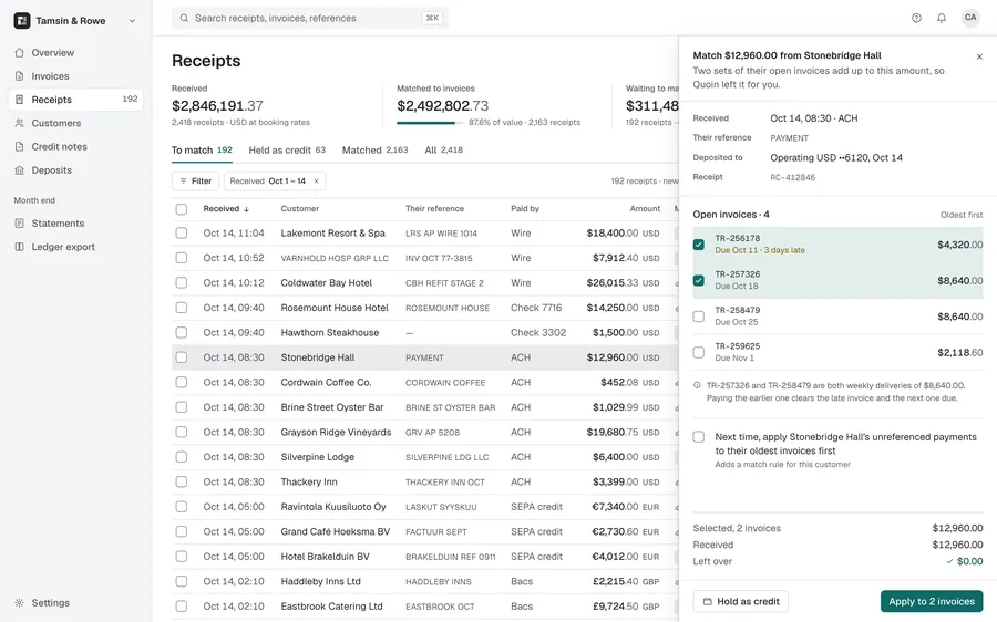 Quoin · Payments table · match