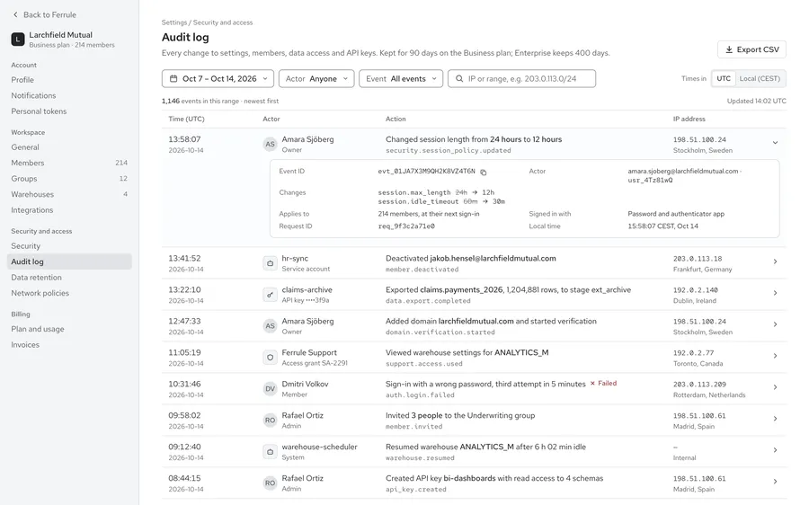 Ferrule · Security settings and audit log · audit
