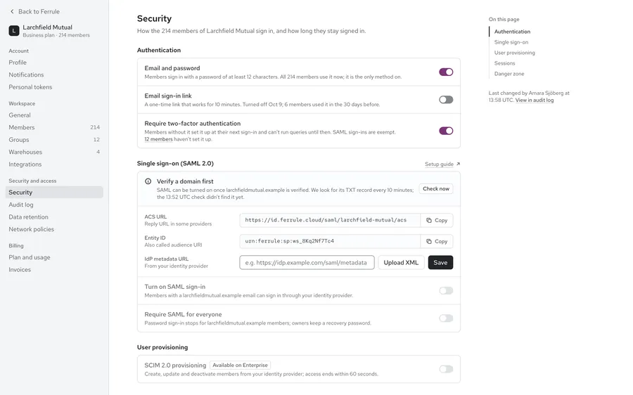 Ferrule · Security settings and audit log